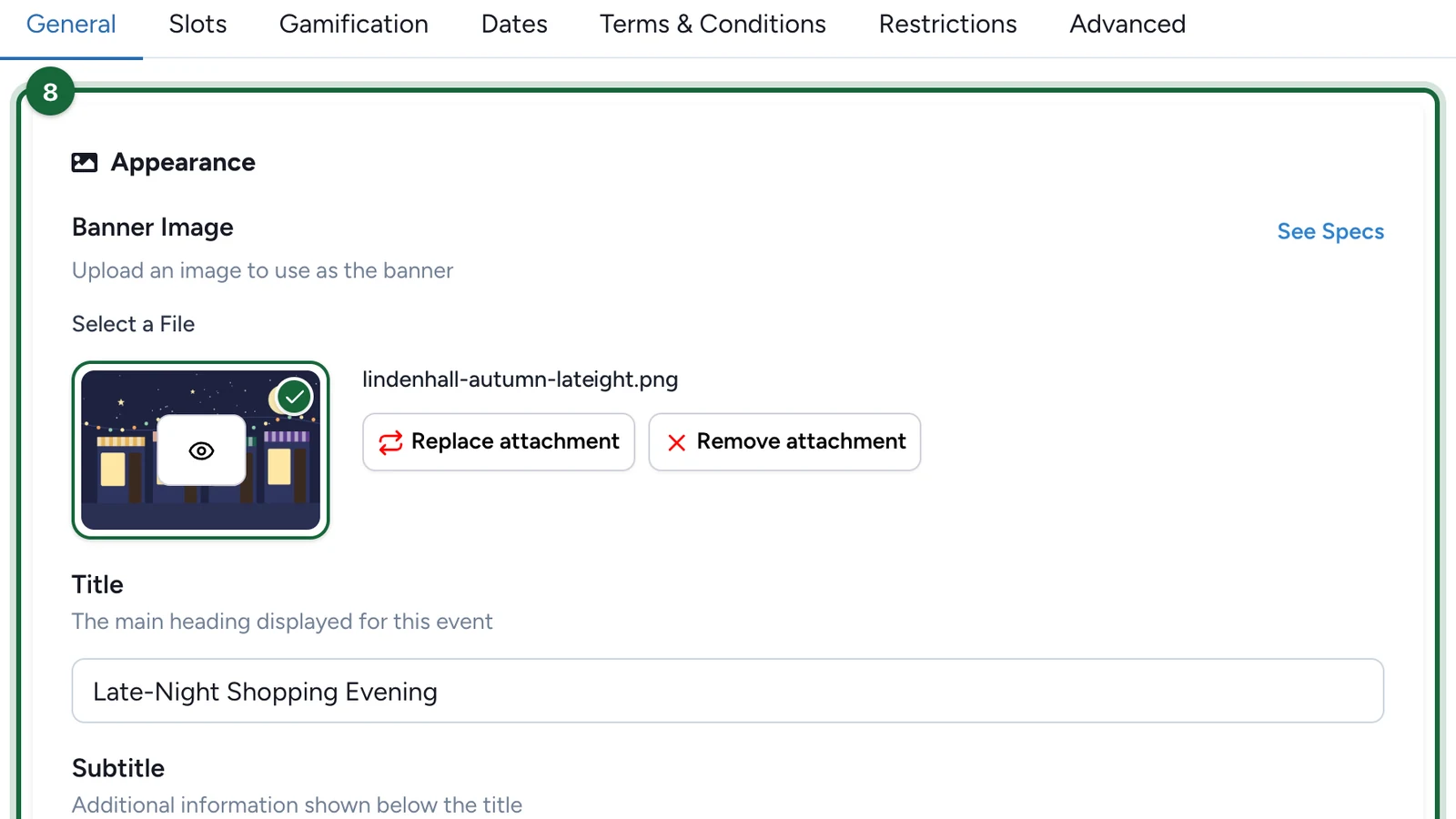 General tab with the Appearance section highlighted: banner, title and subtitle