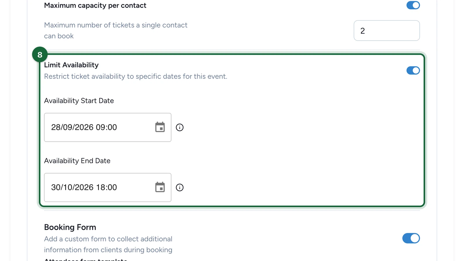 Limit Availability switch with the sale start and end dates highlighted
