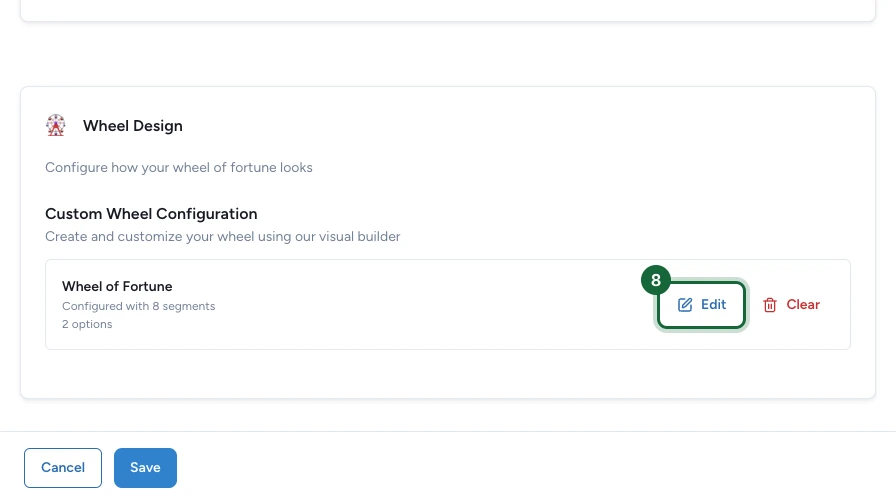 Wheel Design section with the button that opens the visual wheel builder highlighted
