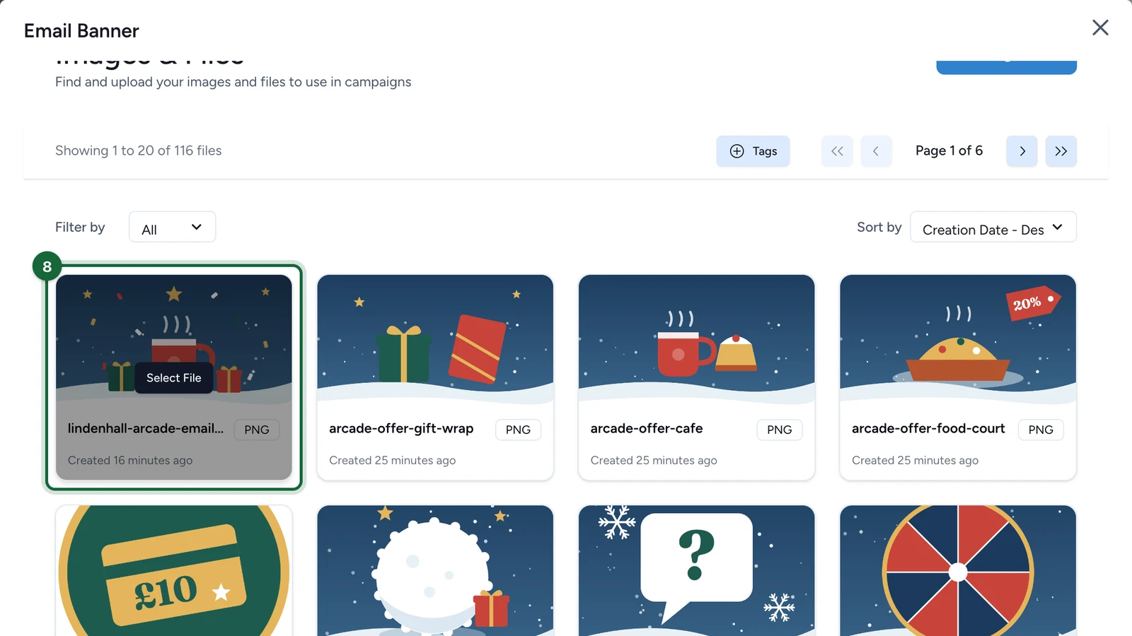 Images & Files library with the winter email banner highlighted