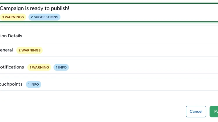 Fenêtre de publication indiquant que la campagne est prête à être publiée