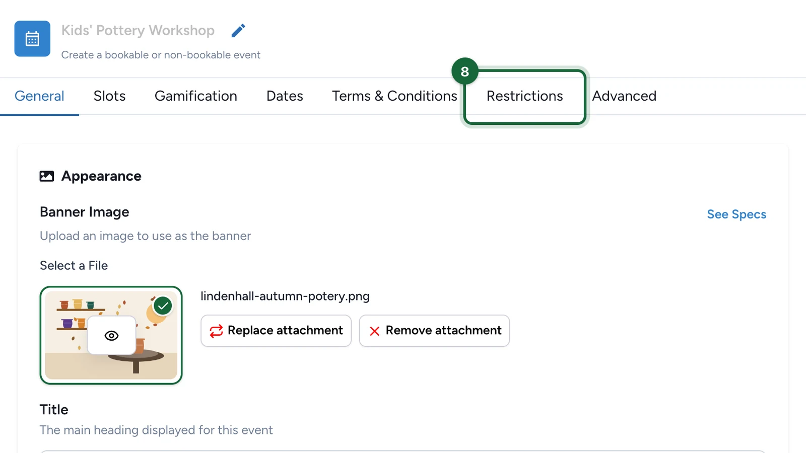 Activity editor with the Restrictions tab highlighted