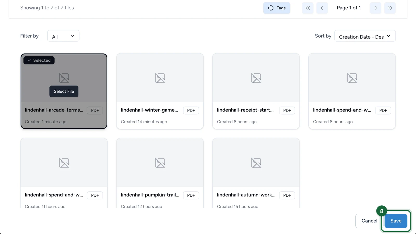 Images & Files library with the PDF selected and Save highlighted