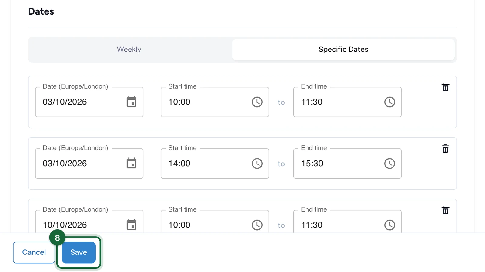 Activity editor footer with the Save button highlighted