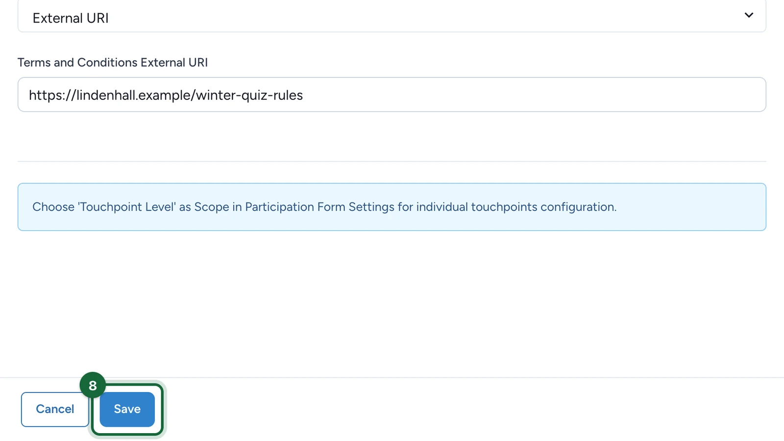 Winter Quiz Terms & Conditions tab with the Save button highlighted