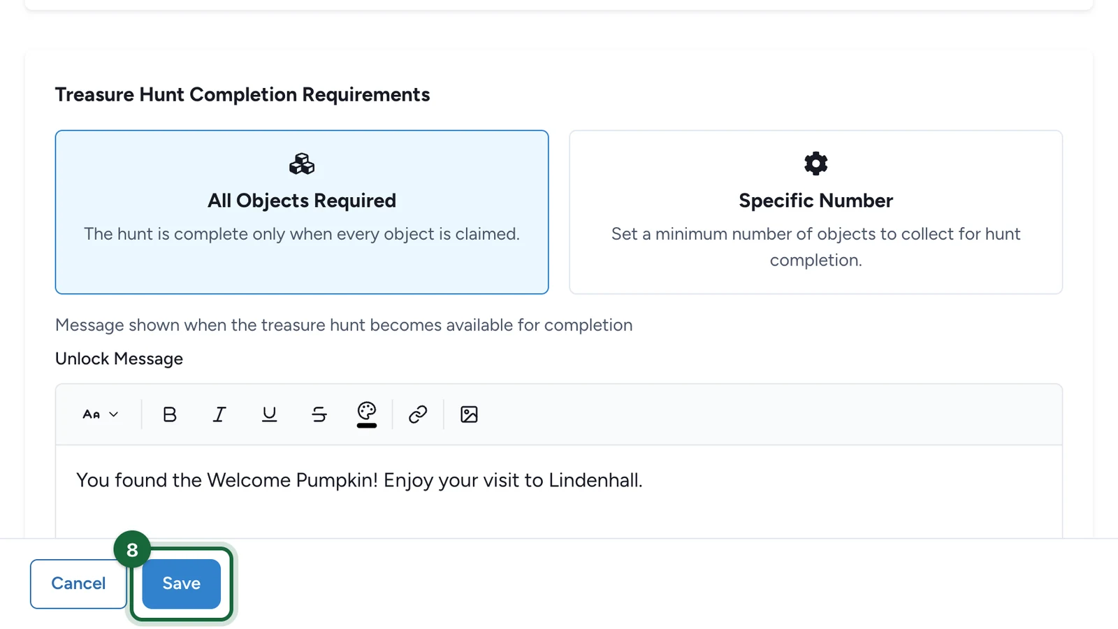 Hunt editor footer with the Save button highlighted