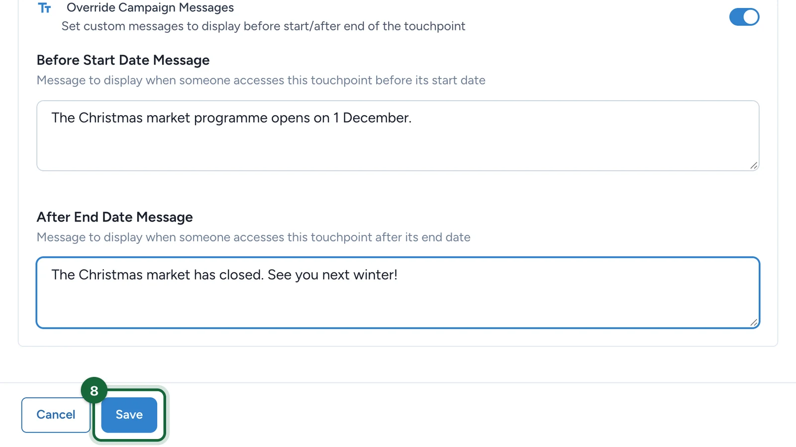 Touchpoint settings with the Save button highlighted