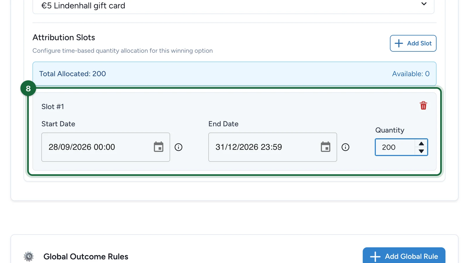 Slot 1 from 28 September to 31 December 2026 with a quantity of 200, highlighted