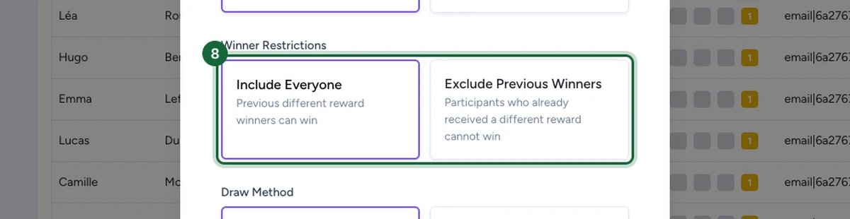 New Draw window with the Winner Restrictions options highlighted, showing Include Everyone and Exclude Previous Winners cards.