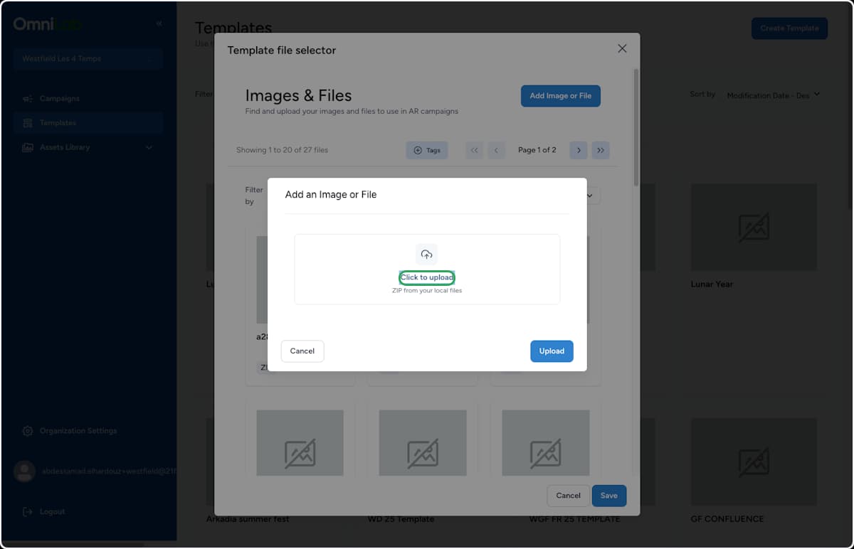 Add an Image or File dialog with the Click to upload area highlighted for selecting a ZIP