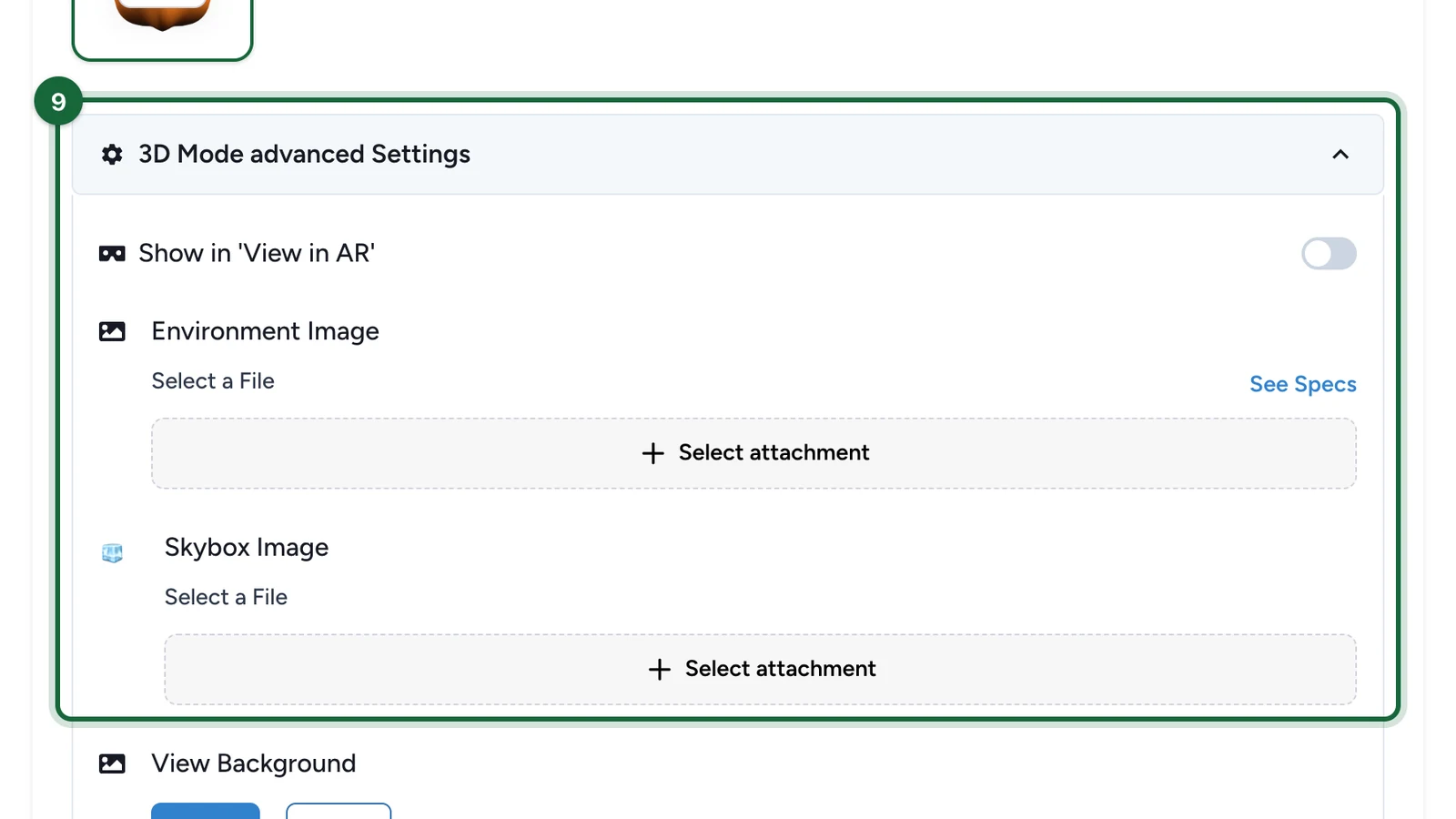 3D Mode advanced Settings open, with the View in AR switch and the environment and skybox fields, highlighted