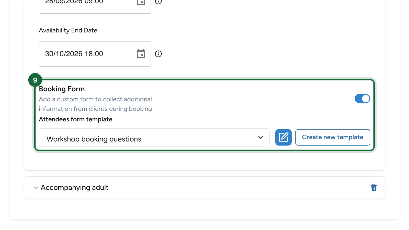 Booking Form switch with the Attendees form template set to Workshop booking questions