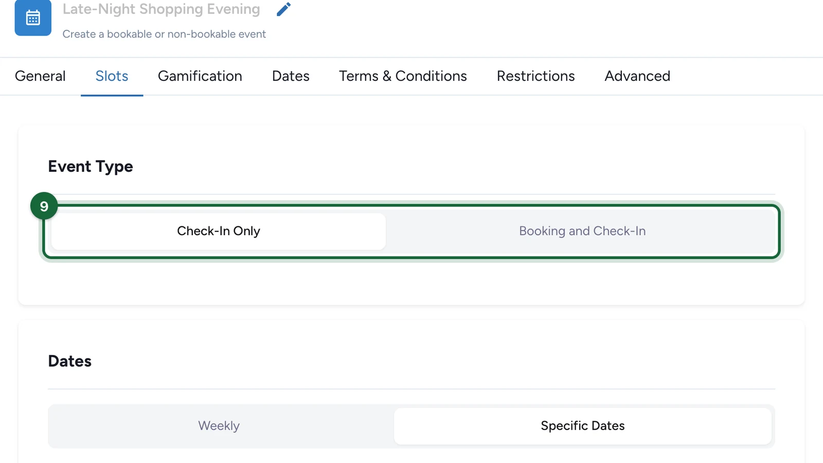 Event Type set to Check-In Only, highlighted