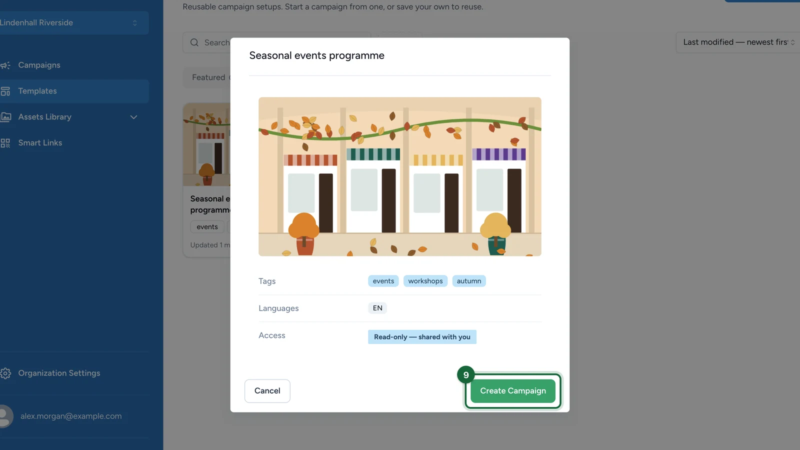 Shared template details, with Access set to Read-only, shared with you, and Create Campaign highlighted