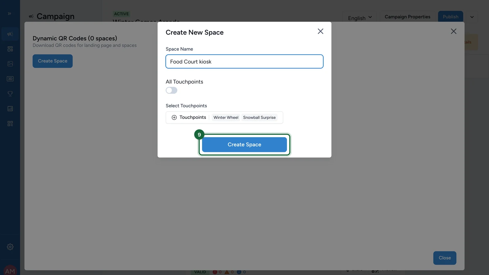 Create New Space with the Create Space button highlighted