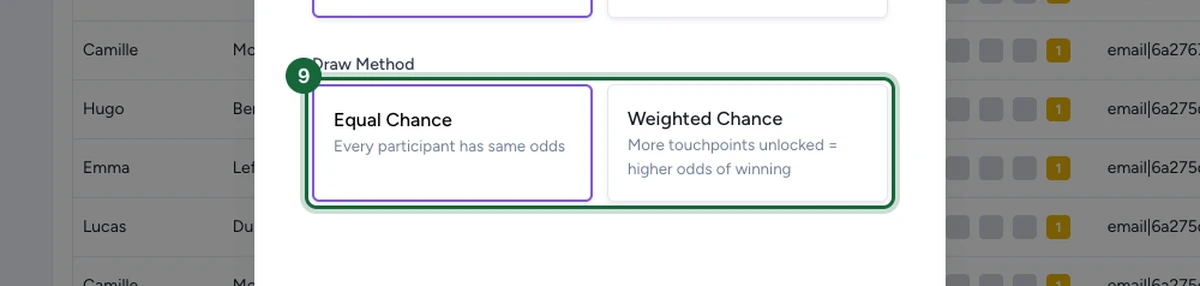 New Draw window with the Draw Method options highlighted, showing Equal Chance and Weighted Chance cards.