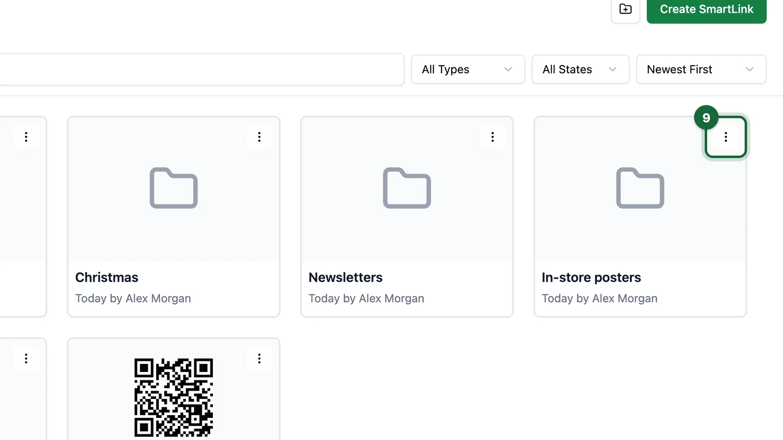 In-store posters folder card with its three-dot menu highlighted