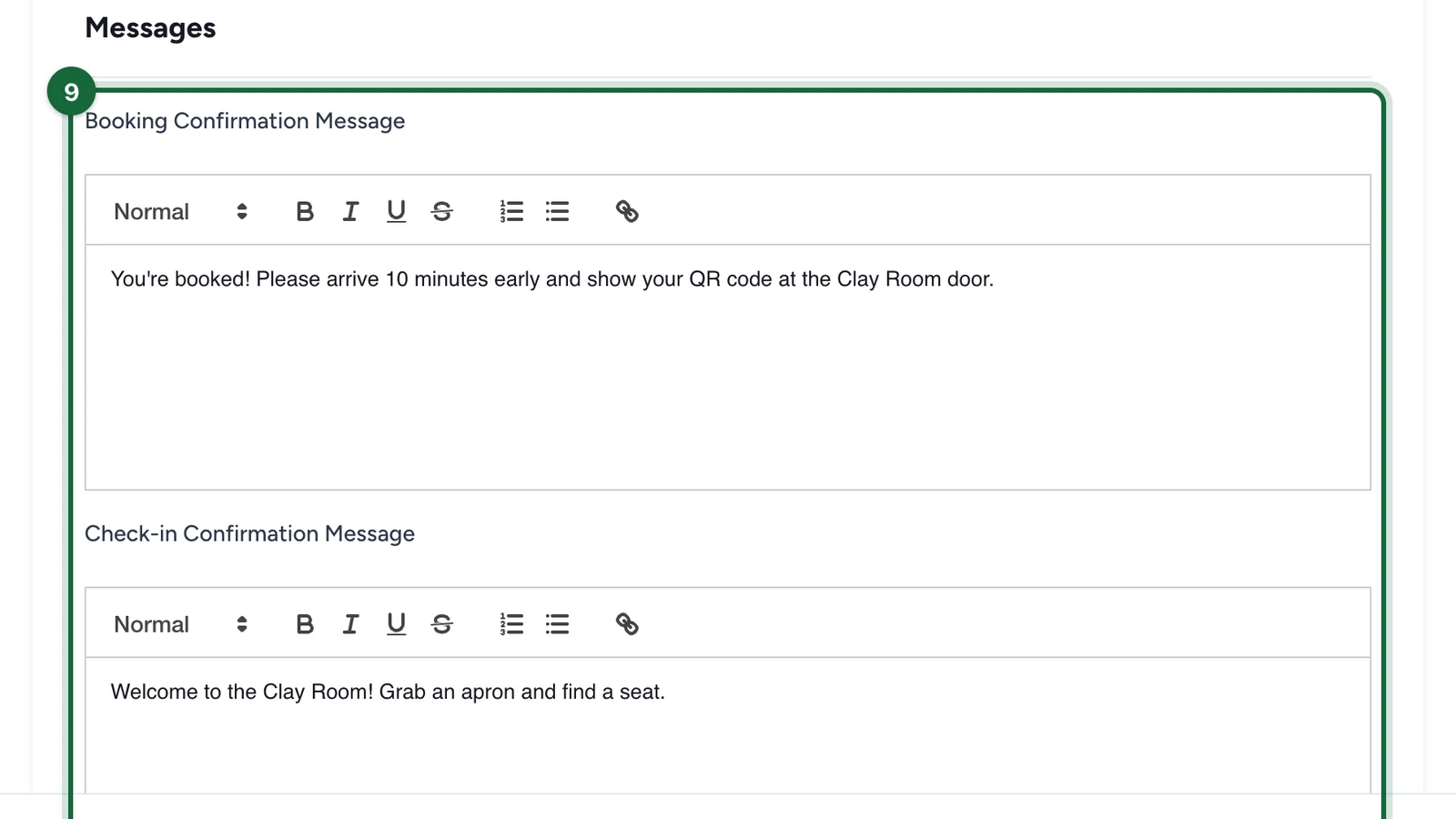 Messages section with a booking message about arriving 10 minutes early and a check-in welcome message, highlighted