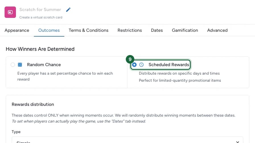Outcomes tab with Scheduled Rewards selected, showing the rewards distribution window with Simple and Advanced types