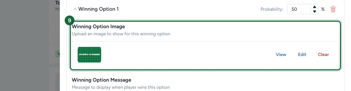 Winning Option 1 showing the Winning Option Image control and the Winning Option Message field