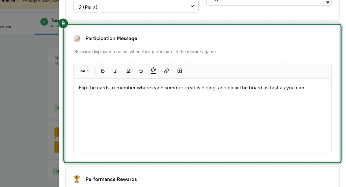 Onglet Appearance avec l'éditeur Participation Message mis en évidence