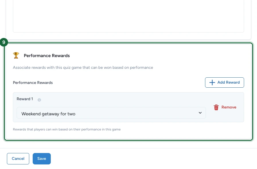 Section Performance Rewards avec la récompense liée et le bouton Add Reward mis en évidence