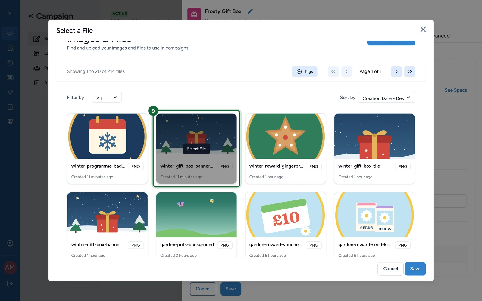Select a File window with the gift box banner highlighted