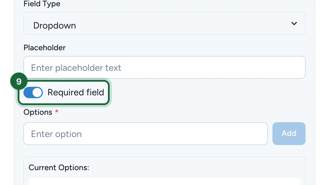 Required field switched on, highlighted