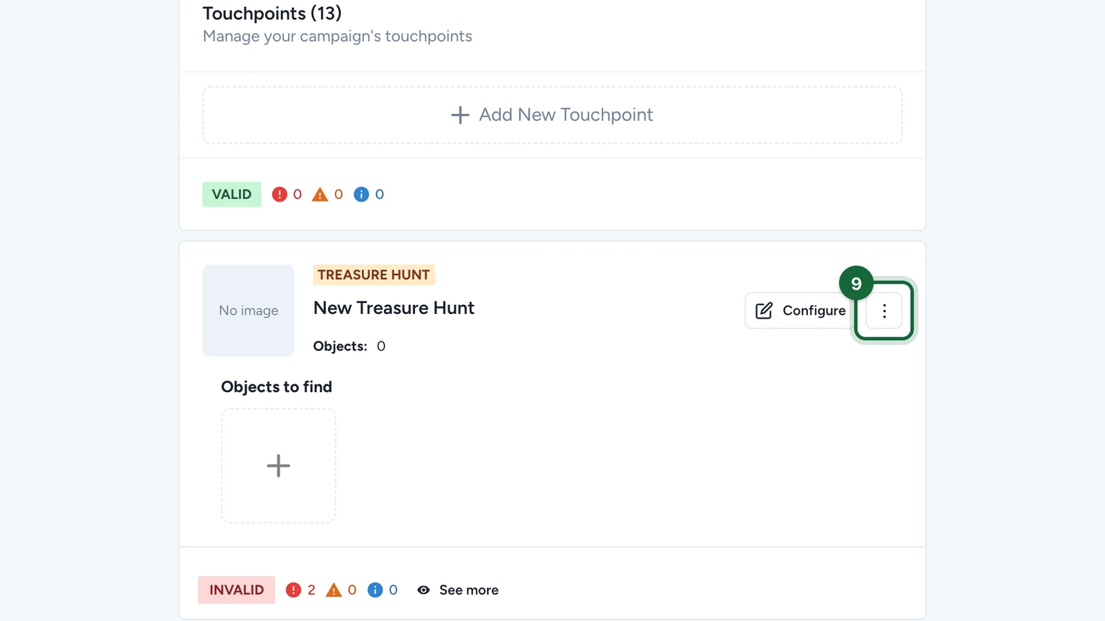 New Treasure Hunt card with its three-dot menu highlighted