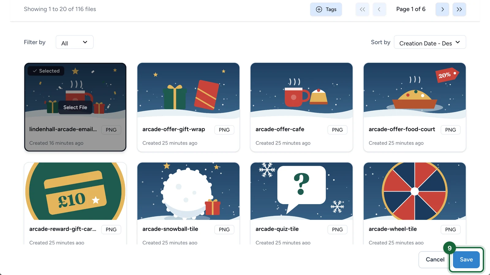 Images & Files library with the banner selected and Save highlighted