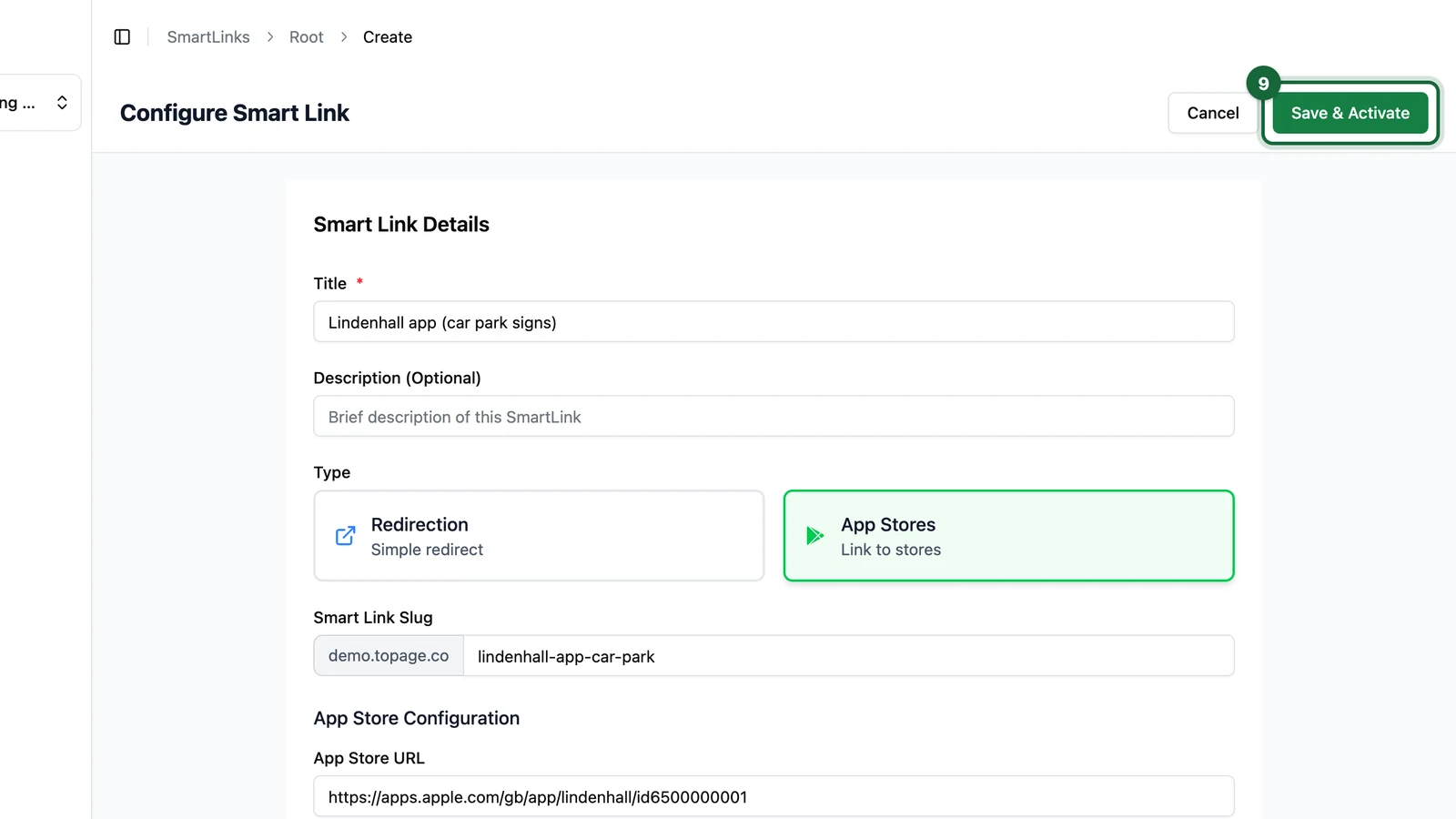 Configure Smart Link page with the Save & Activate button highlighted