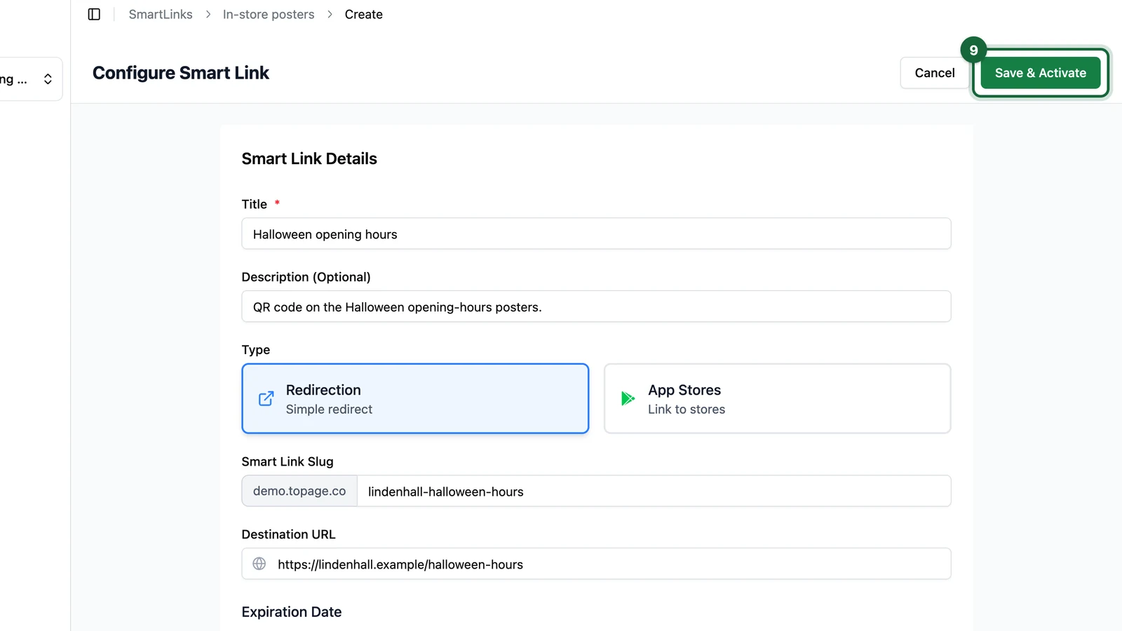 Configure Smart Link page with the Save & Activate button highlighted