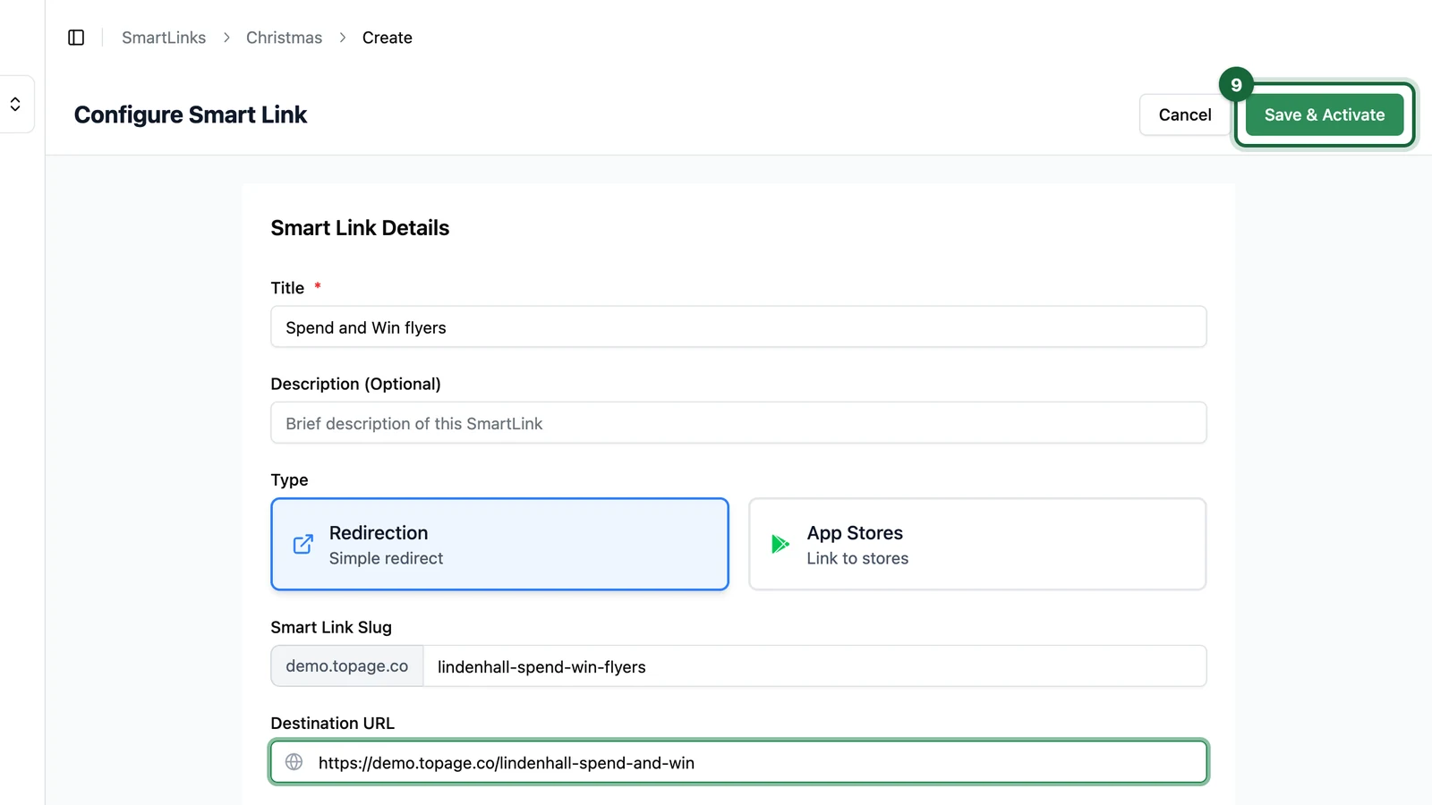 Configure Smart Link page with the Save & Activate button highlighted