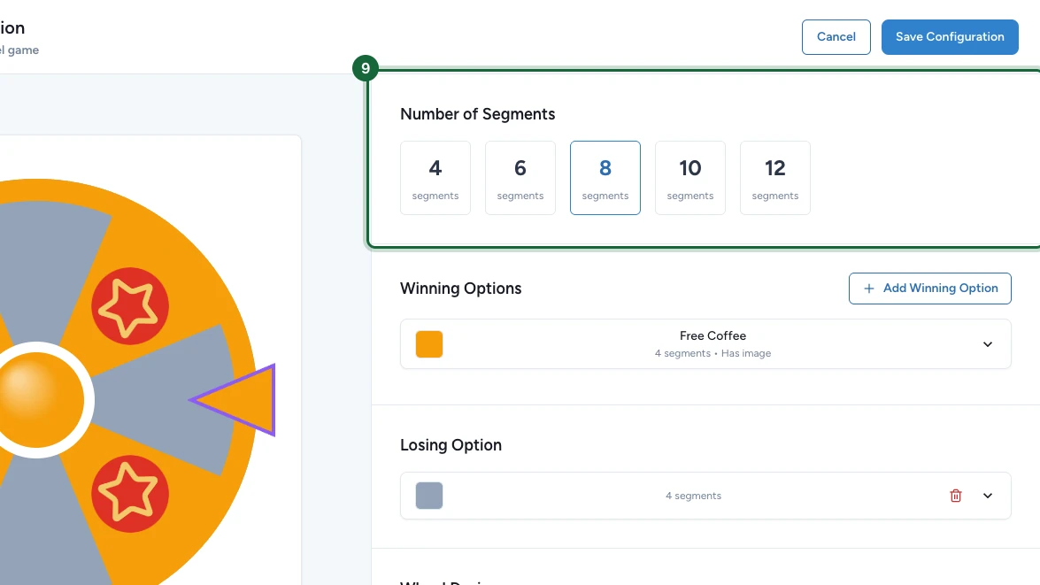 Wheel builder with the Number of Segments selector highlighted next to the live wheel preview