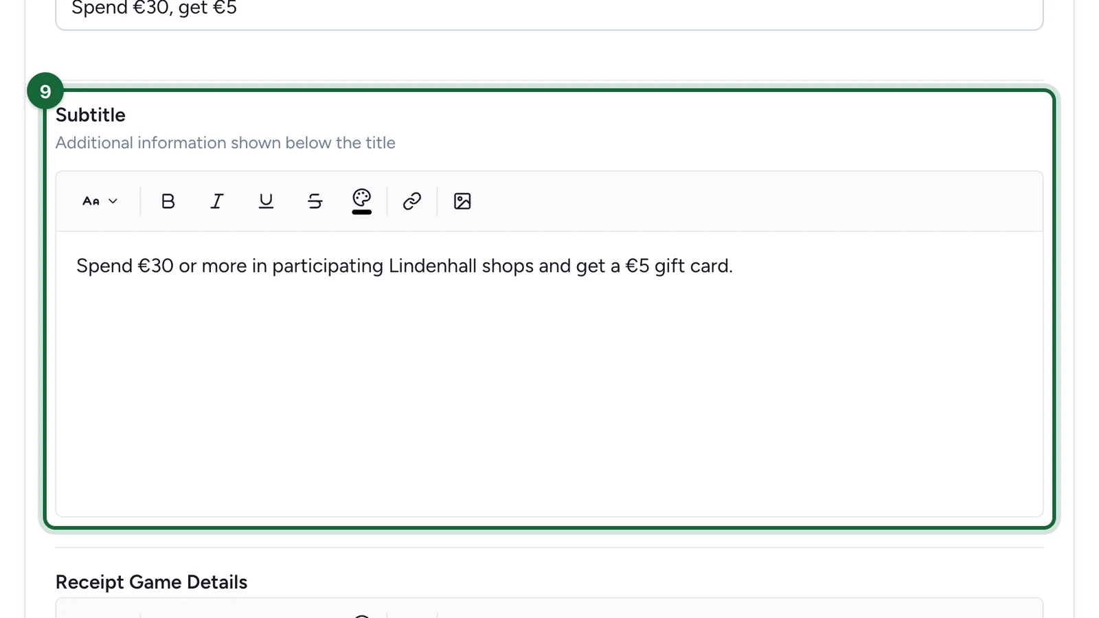 Subtitle about spending €30 or more in participating shops, highlighted