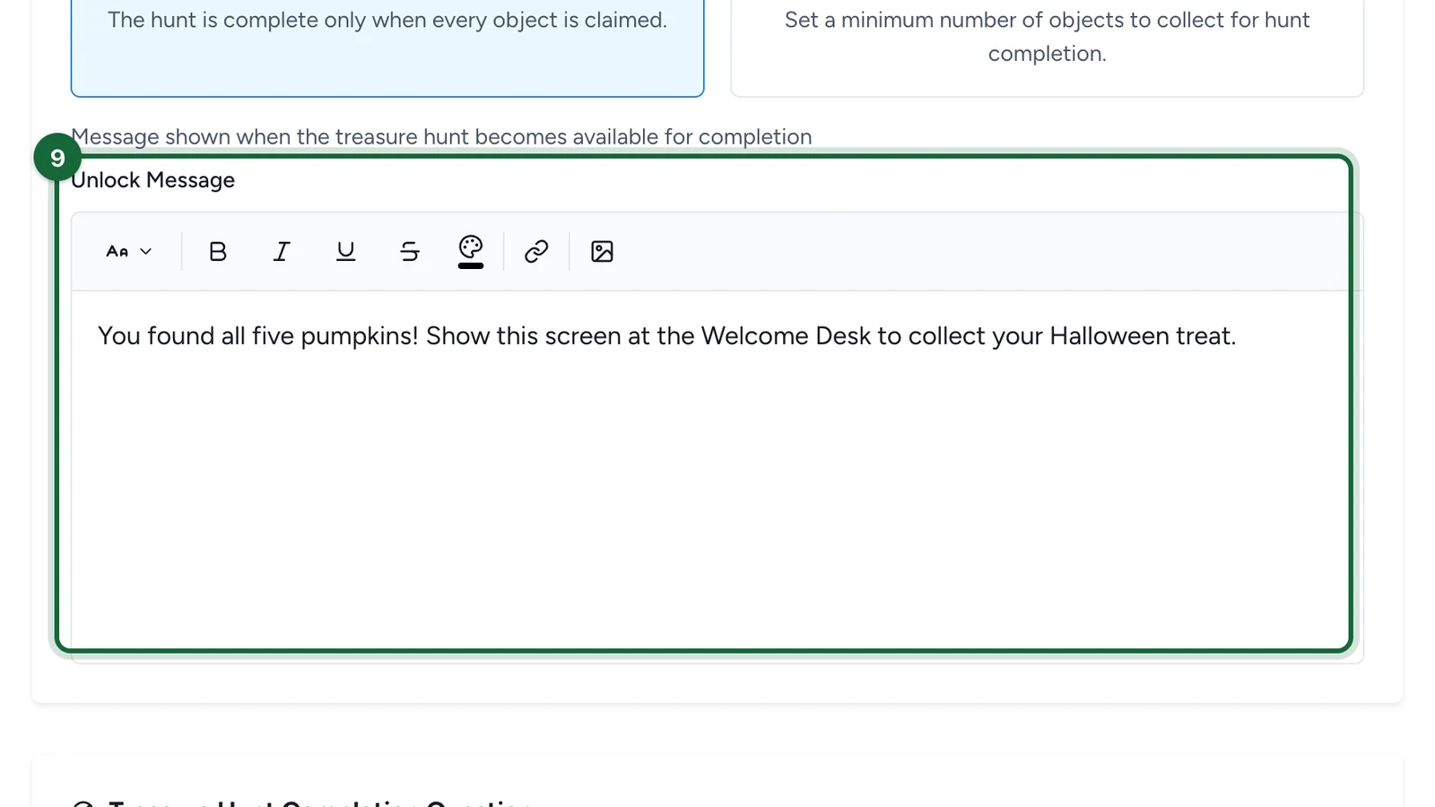 Unlock Message editor with a message about collecting a Halloween treat, highlighted