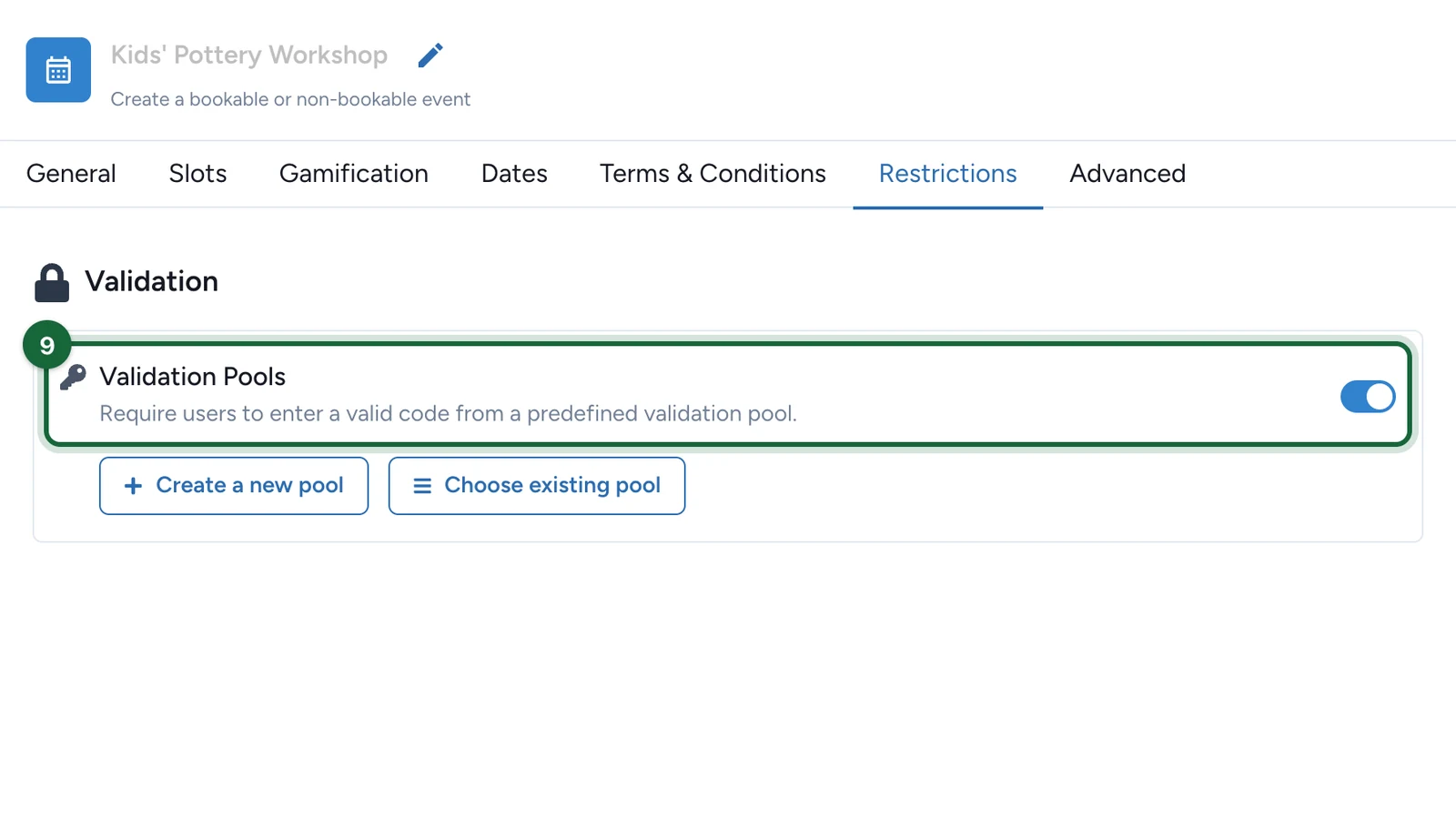 Validation Pools switch turned on, highlighted