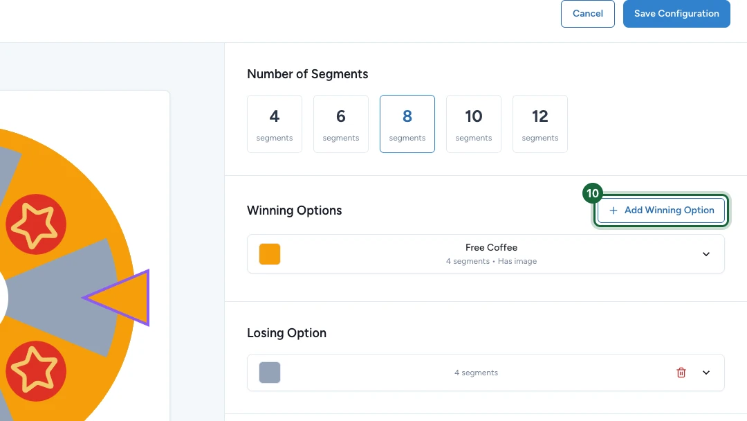 Wheel builder Winning Options section with the Add Winning Option button highlighted