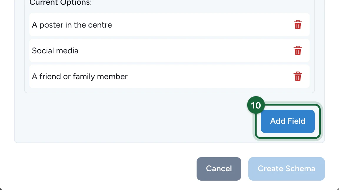 The three options listed and the Add Field button highlighted
