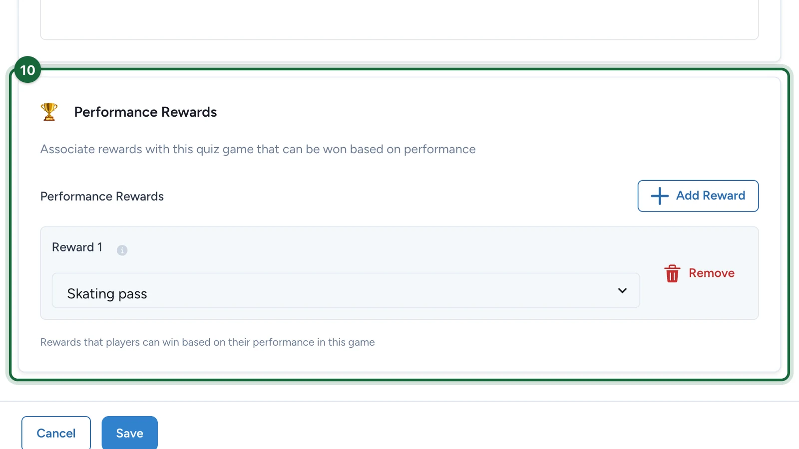Performance Rewards with Reward 1 set to Skating pass, highlighted