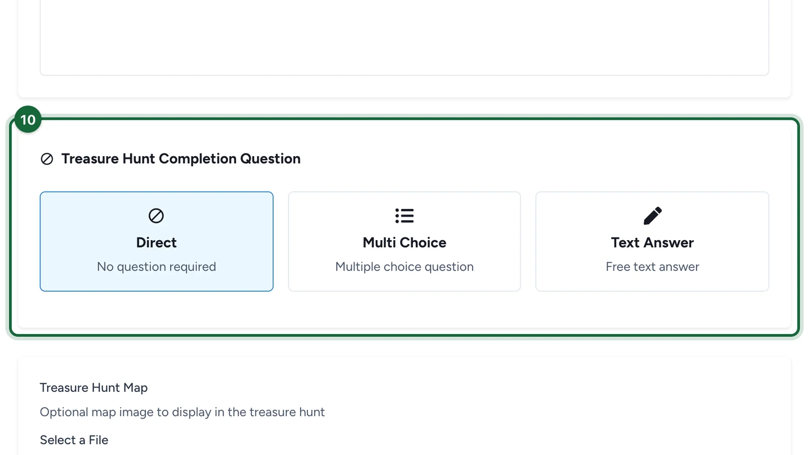 Treasure Hunt Completion Question with Direct selected, highlighted