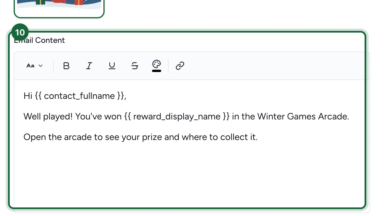 Email Content with a three-line winner message, highlighted
