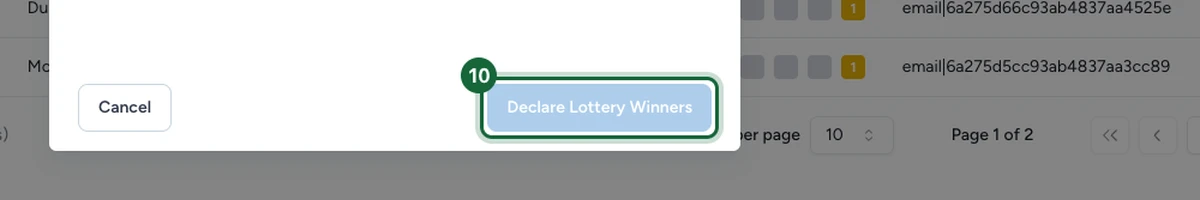 Fenêtre New Draw avec le bouton Déclarer les gagnants de la loterie en bas mis en évidence, à côté de Cancel.