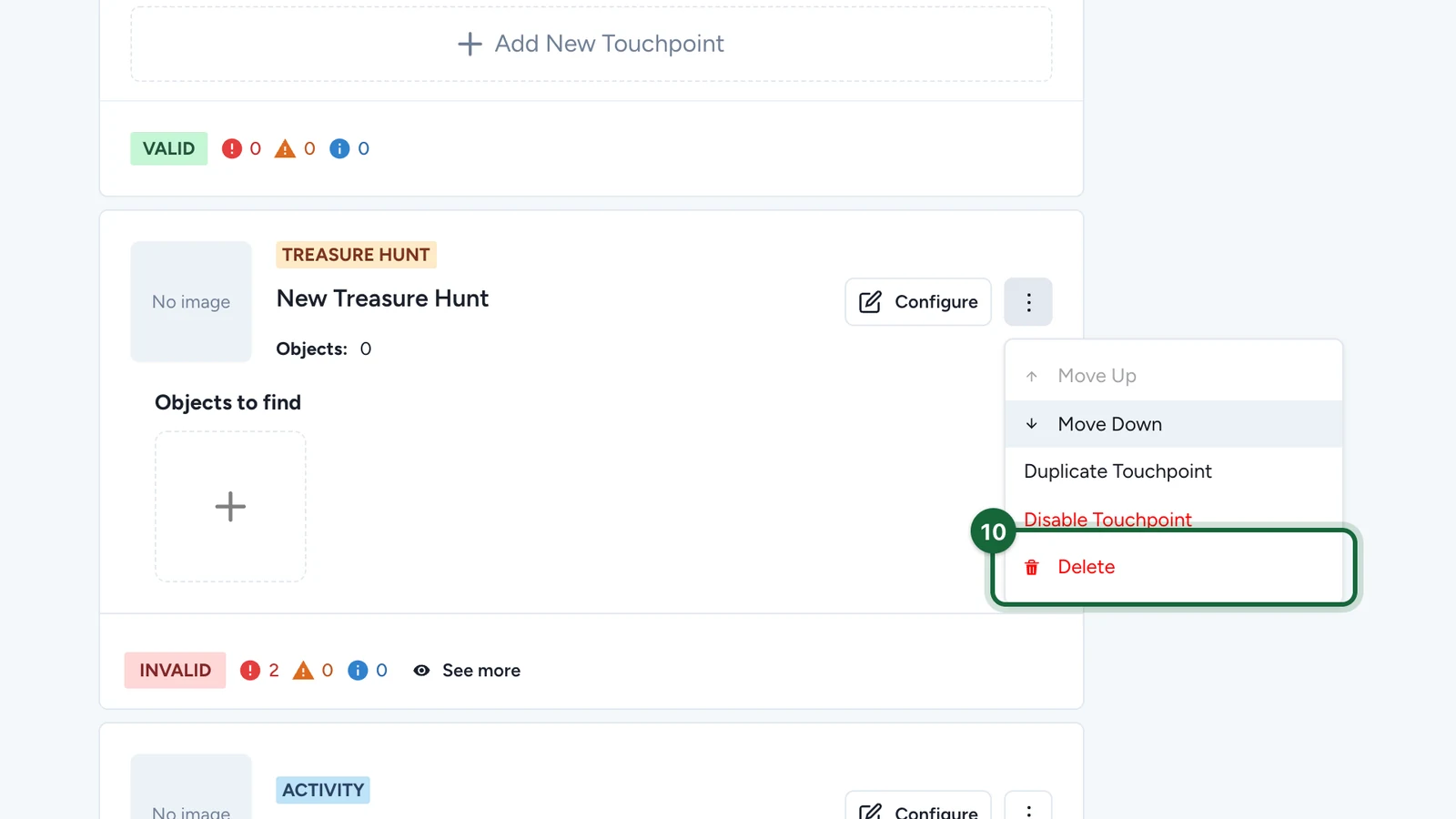 Touchpoint menu with Delete highlighted