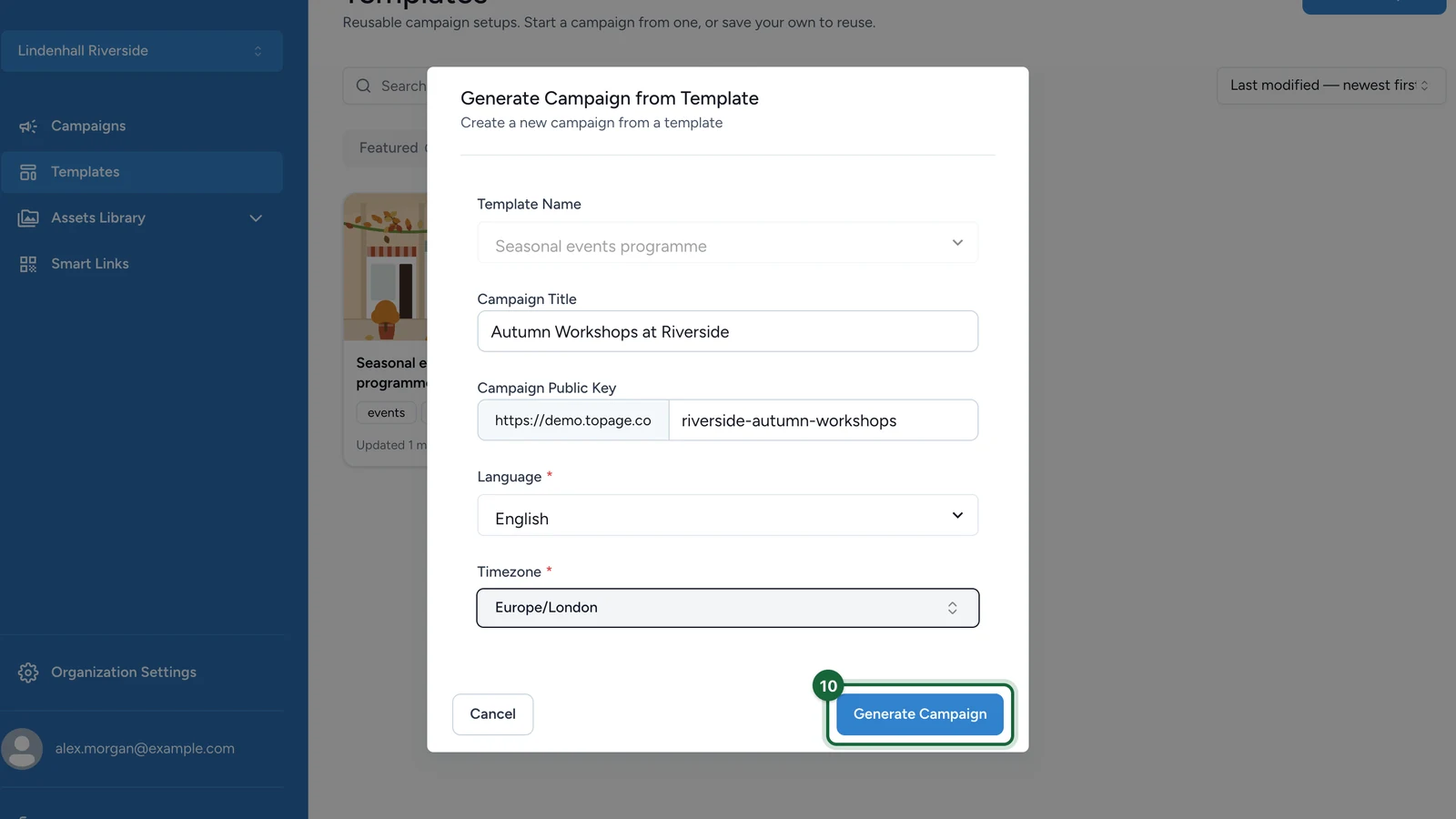 Generate Campaign from Template window filled in for Autumn Workshops at Riverside, with Generate Campaign highlighted