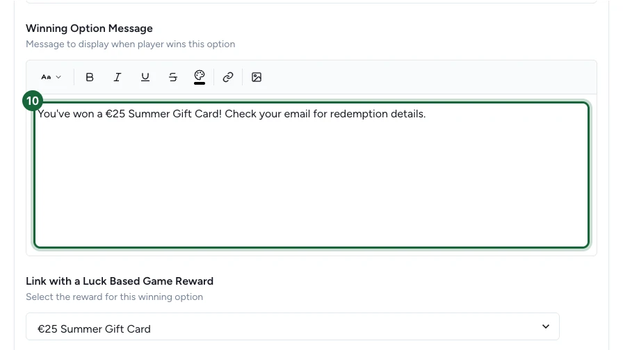 Winning Option 1 expanded with the Winning Option Message and the linked €25 Summer Gift Card reward highlighted