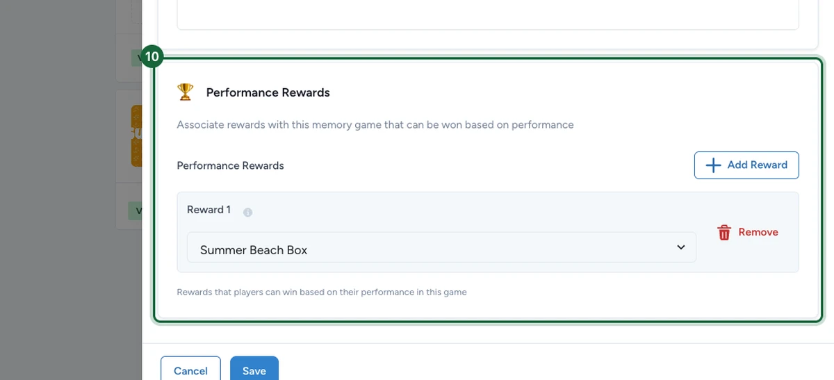 Section Performance Rewards avec le contrôle Add Reward et la récompense de classement liée mis en évidence