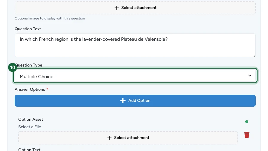Fenêtre Add New Question avec le type réglé sur Multiple Choice et trois options de réponse en dessous