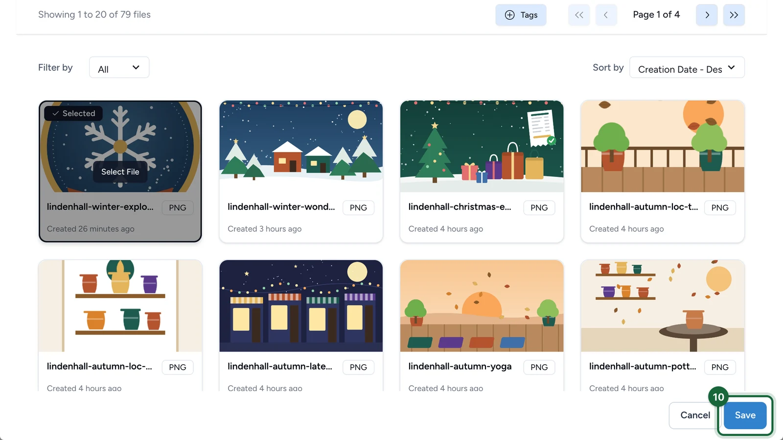 Images & Files library with the artwork selected and Save highlighted