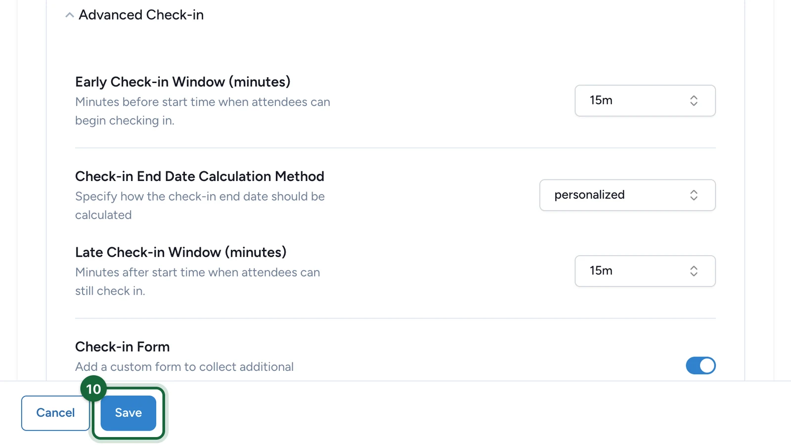 Activity editor footer with the Save button highlighted